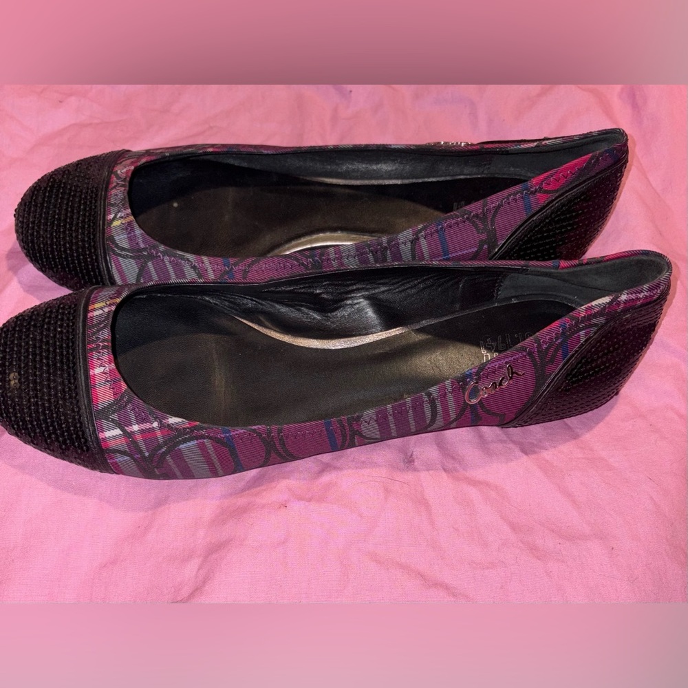Coach purple plaid black sequin bling ballet flats shoes size 9.5B - Picture 2 of 6